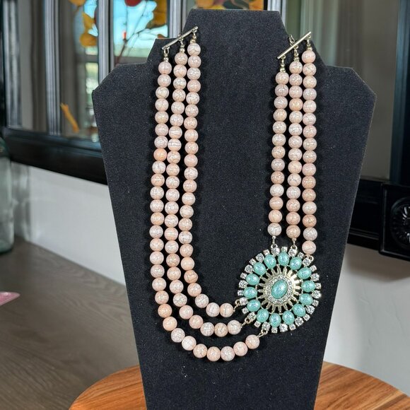 Necklace Jewelry - Statement Multi-Strand Beaded Necklace with Turquoise & Rhinestone Pendant